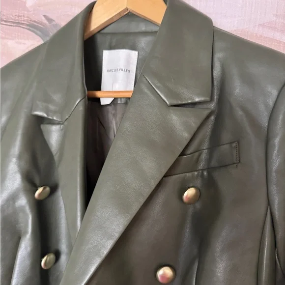 Avec Les Filles  Olive  faux Leather Jacket with Gold Buttons - Picture 6 of 11
